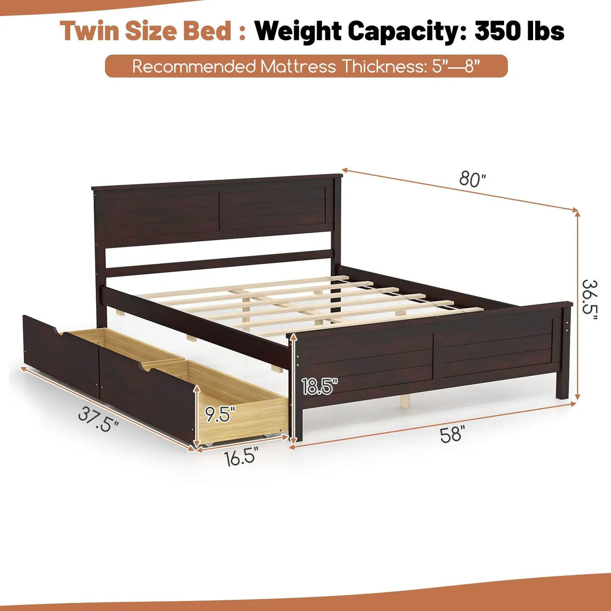 Full Size Bed Frame with Storage Drawers and Solid Wood Headboard, photo 4 of 10