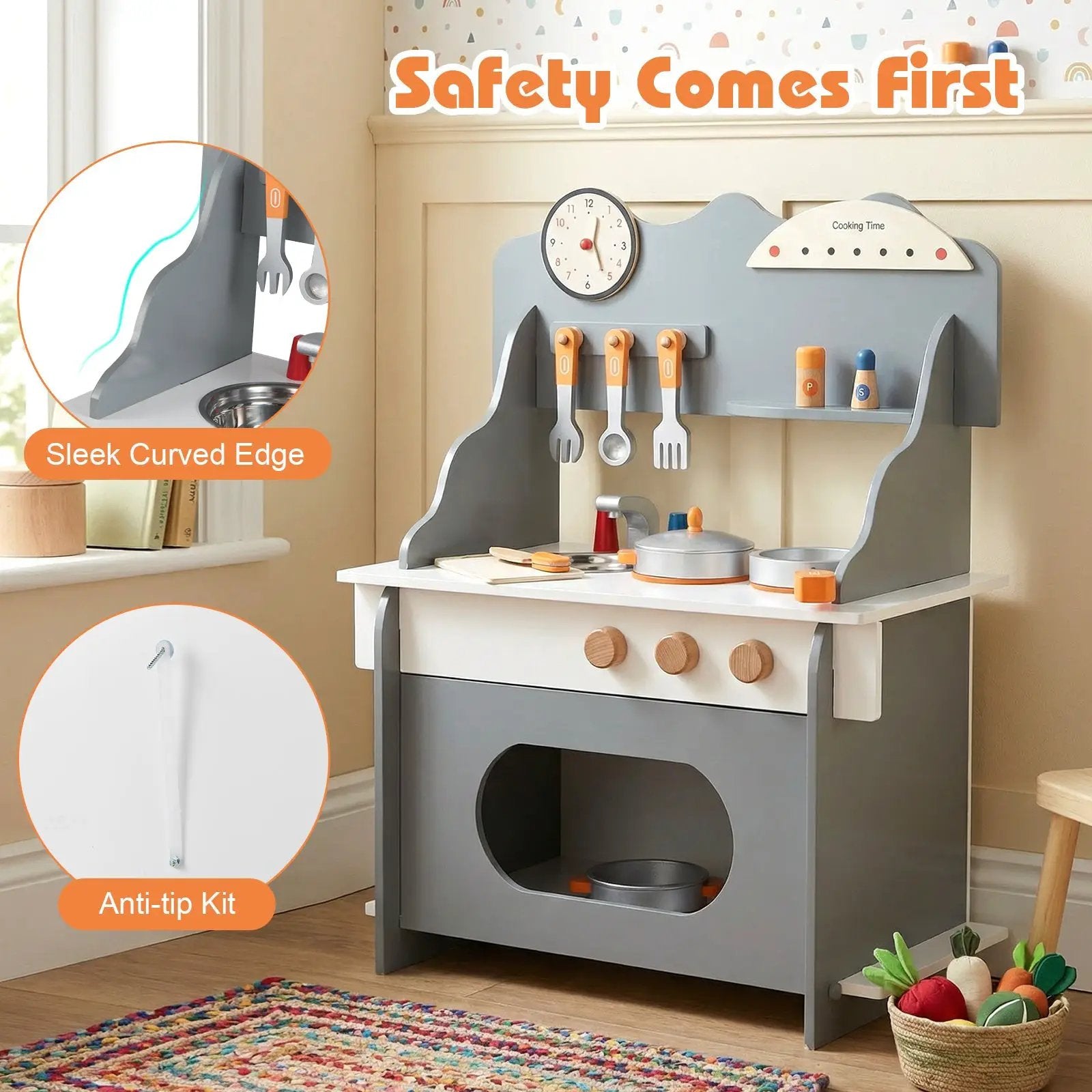 Wooden Play Kitchen for Kids Pretend Play Toy Kitchen Set with Clock Gift for Boys and Girls 3 +Pink by DirectDeals