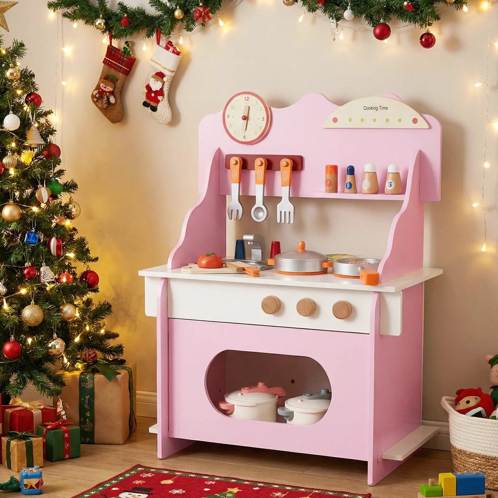 Wooden Play Kitchen for Kids Pretend Play Toy Kitchen Set with Clock Gift for Boys and Girls 3 +Pink by DirectDeals