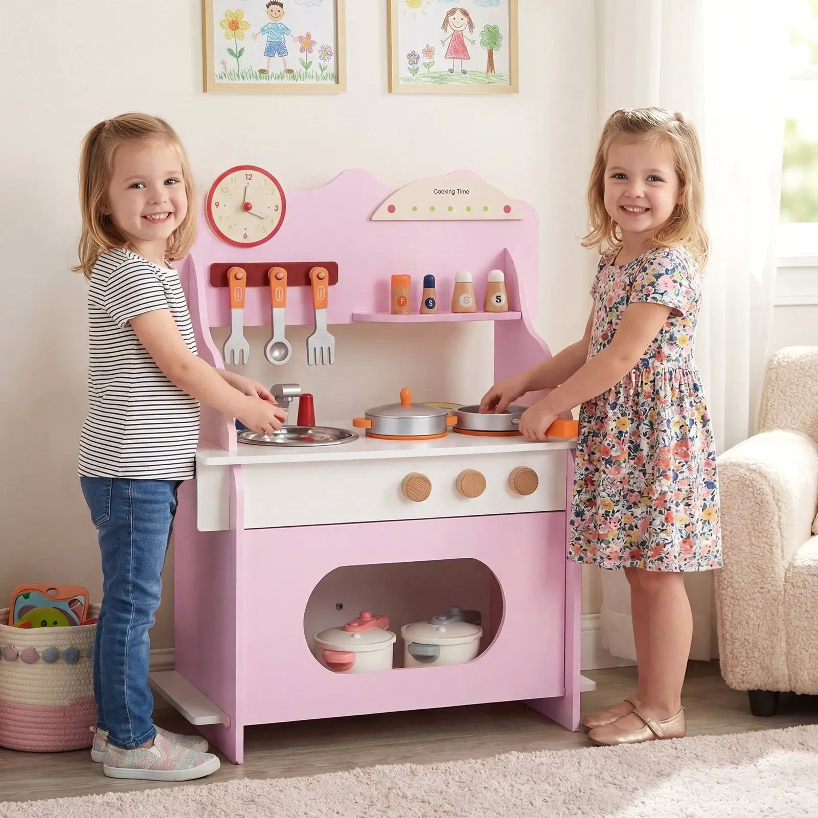 Wooden Play Kitchen for Kids Pretend Play Toy Kitchen Set with Clock Gift for Boys and Girls 3 +Pink by DirectDeals