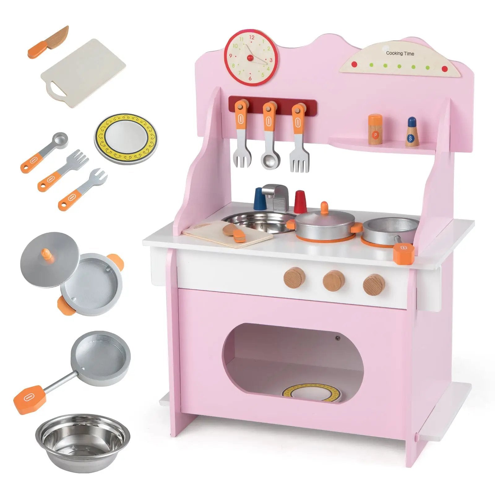 Wooden Play Kitchen for Kids Pretend Play Toy Kitchen Set with Clock Gift for Boys and Girls 3 +Pink by DirectDeals