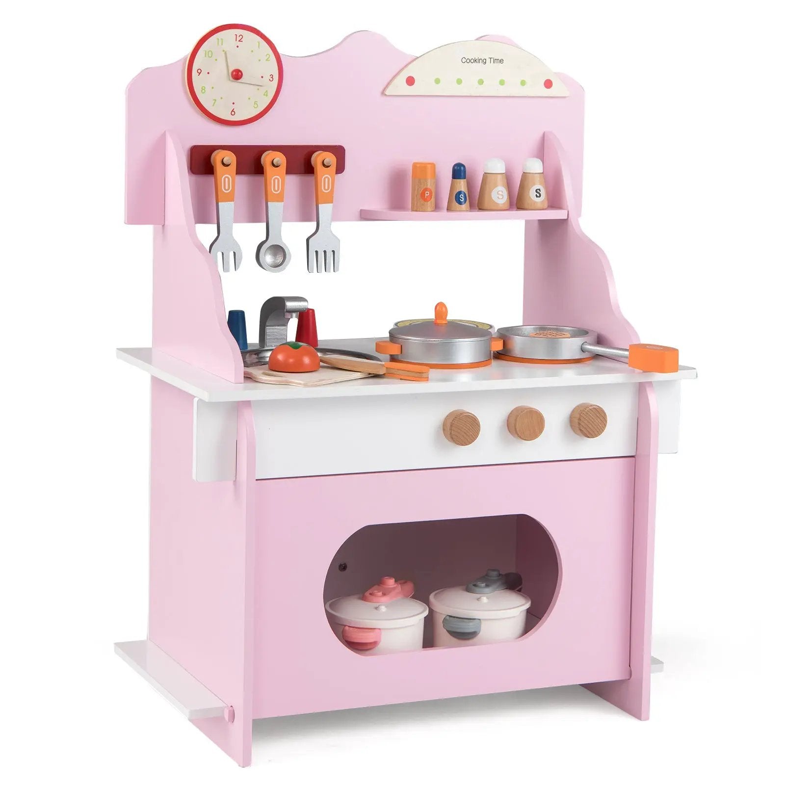Wooden Play Kitchen for Kids Pretend Play Toy Kitchen Set with Clock Gift for Boys and Girls 3 +Pink by DirectDeals