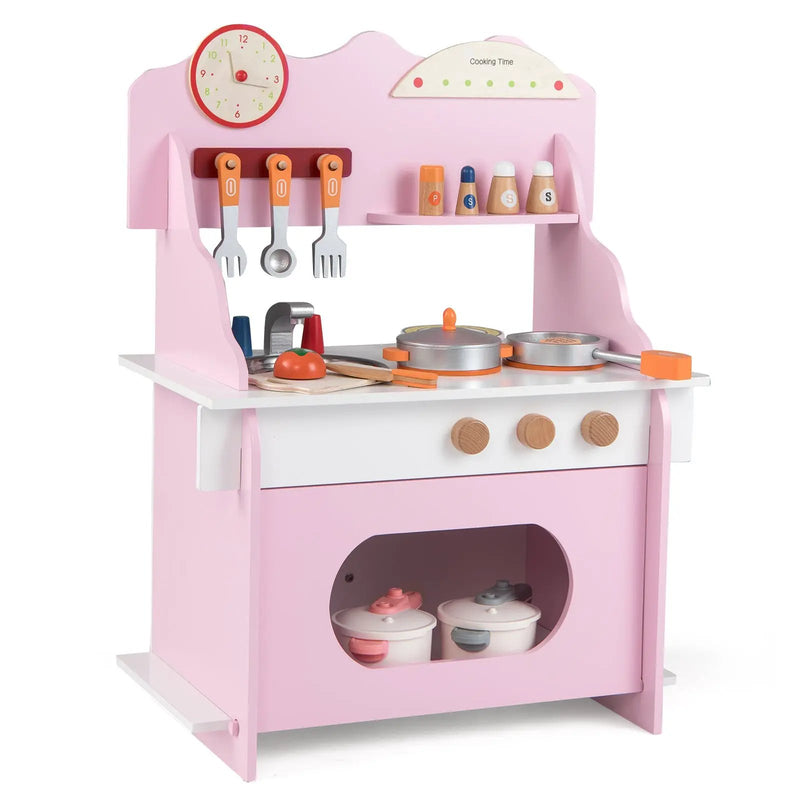 Wooden Play Kitchen for Kids Pretend Play Toy Kitchen Set with Clock Gift for Boys and Girls 3 +Pink by DirectDeals