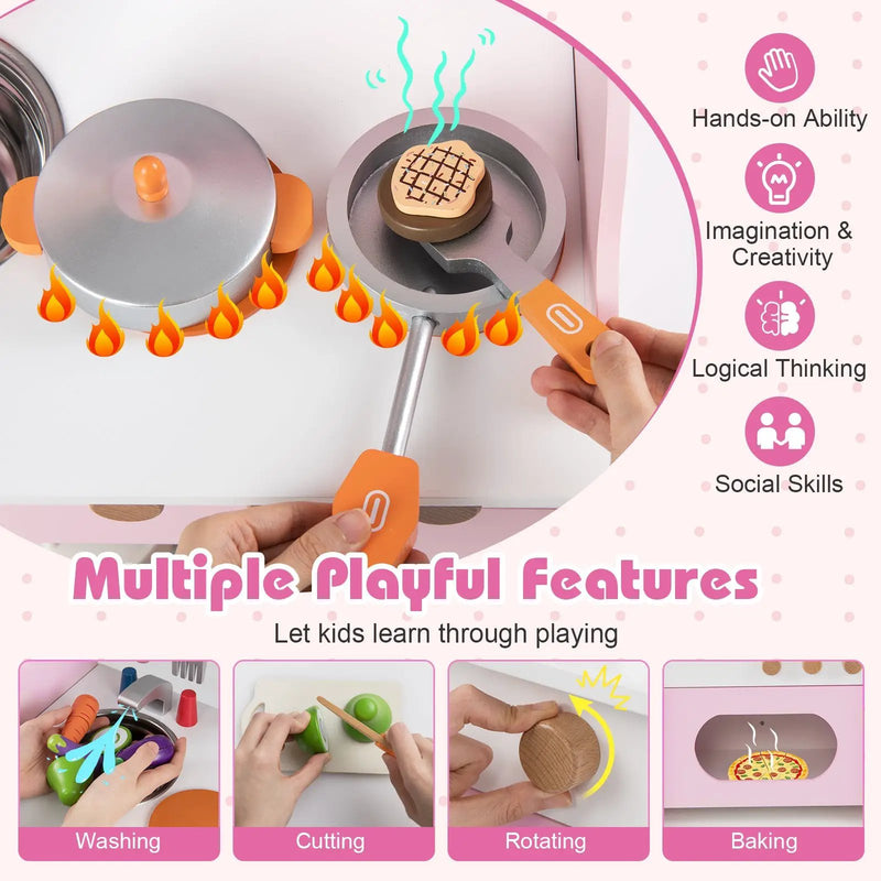 Wooden Play Kitchen for Kids Pretend Play Toy Kitchen Set with Clock Gift for Boys and Girls 3 +Pink by DirectDeals