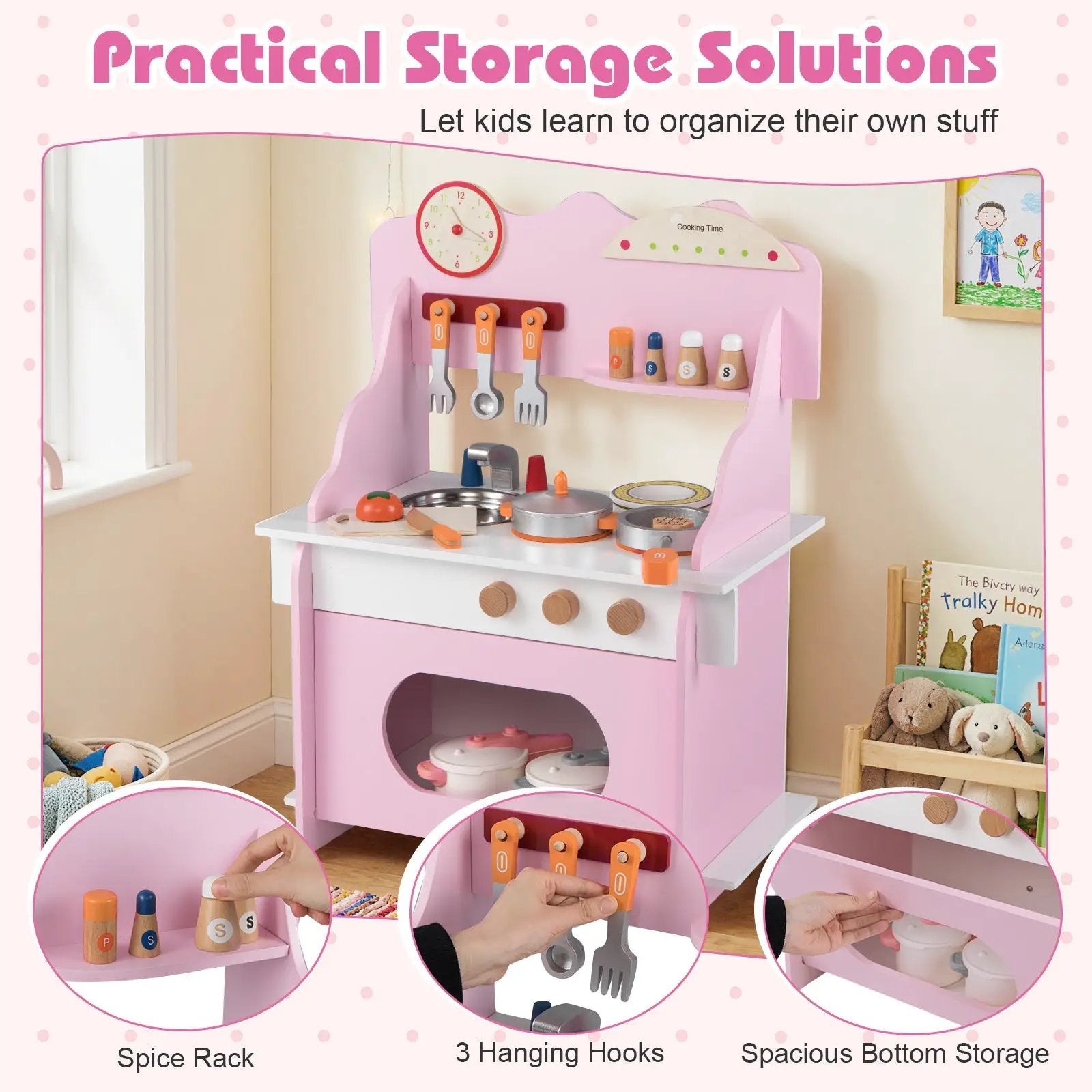 Wooden Play Kitchen for Kids Pretend Play Toy Kitchen Set with Clock Gift for Boys and Girls 3 +Pink by DirectDeals