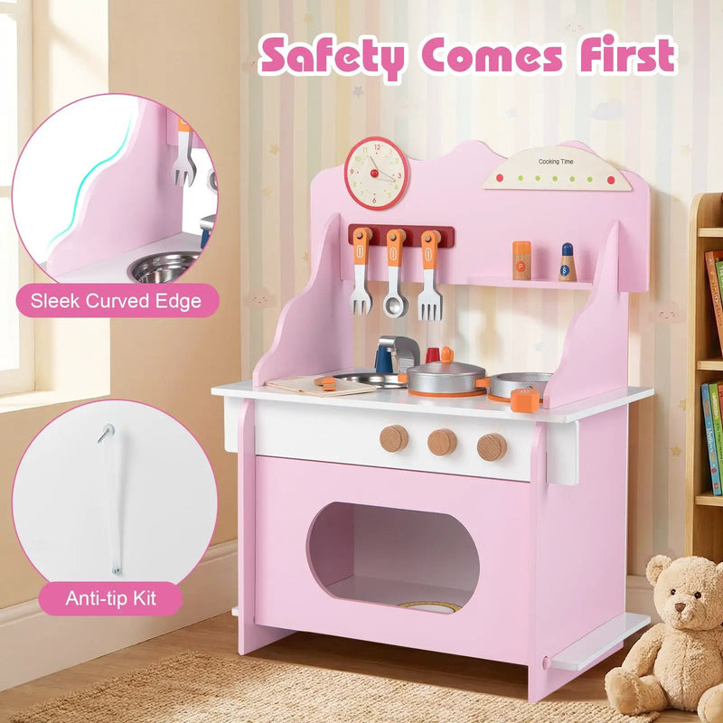 Wooden Play Kitchen for Kids Pretend Play Toy Kitchen Set with Clock Gift for Boys and Girls 3 +Pink by DirectDeals