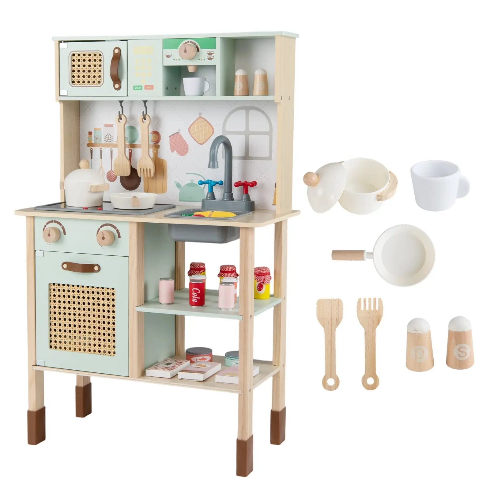 Wooden Play Kitchen for Kids with Lights and Sounds Retro Style With Accessories-Green by DirectDeals