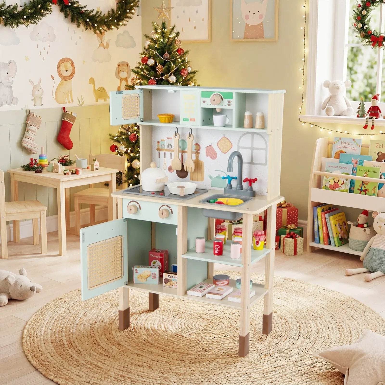 Wooden Play Kitchen for Kids with Lights and Sounds Retro Style With Accessories-Green by DirectDeals