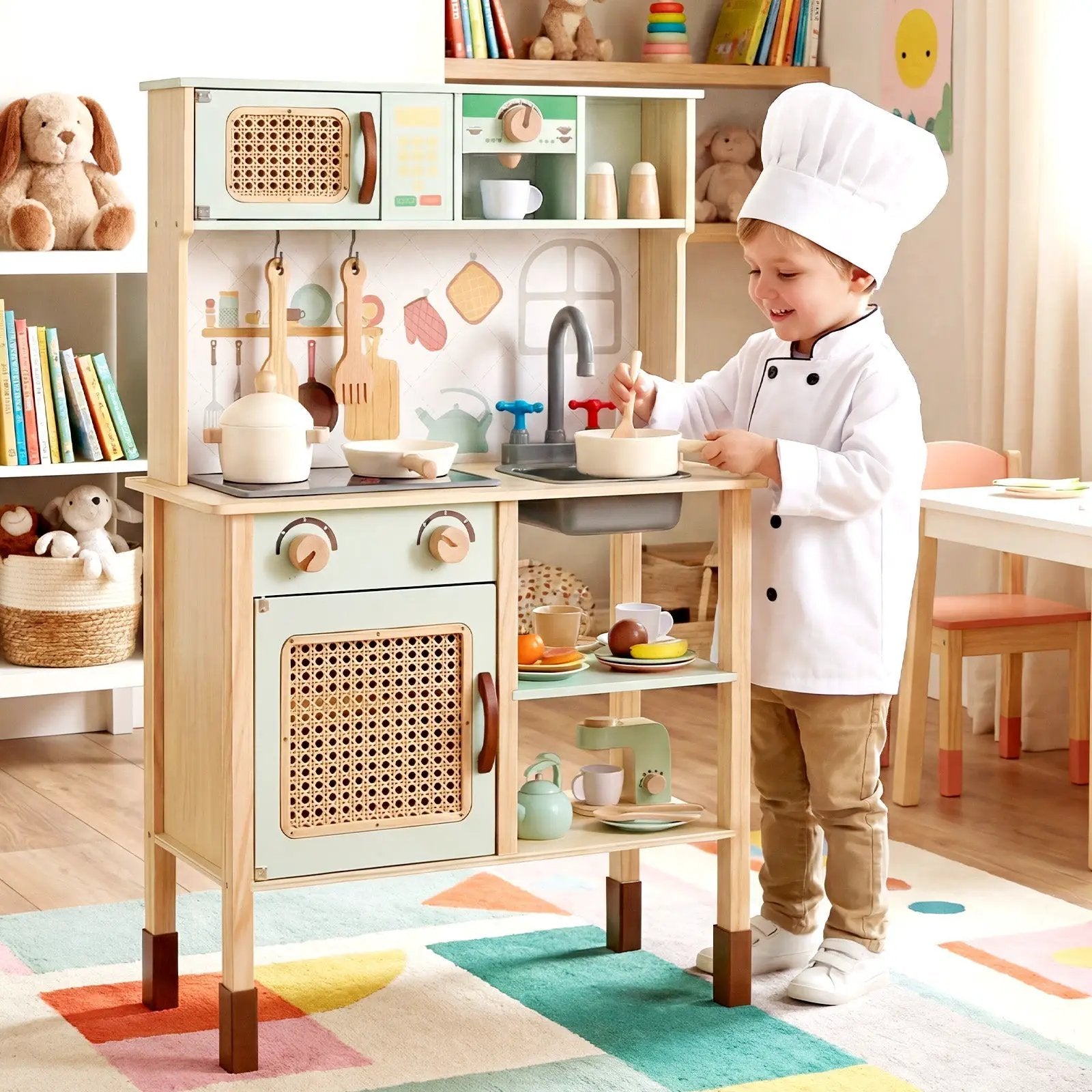 Wooden Play Kitchen for Kids with Lights and Sounds Retro Style With Accessories-Green by DirectDeals