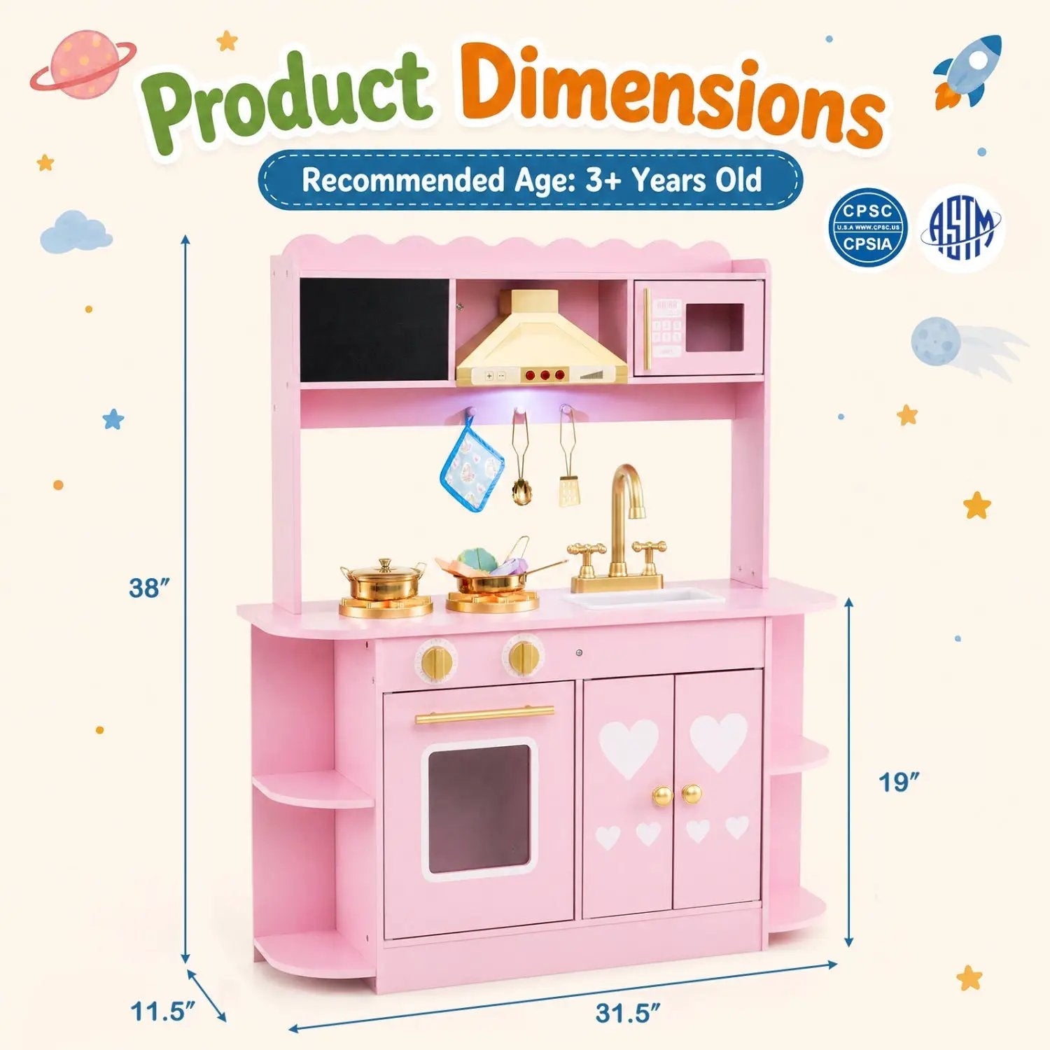 Wooden Play Kitchen with Lights & Sounds for Toddlers 3+ by DirectDeals
