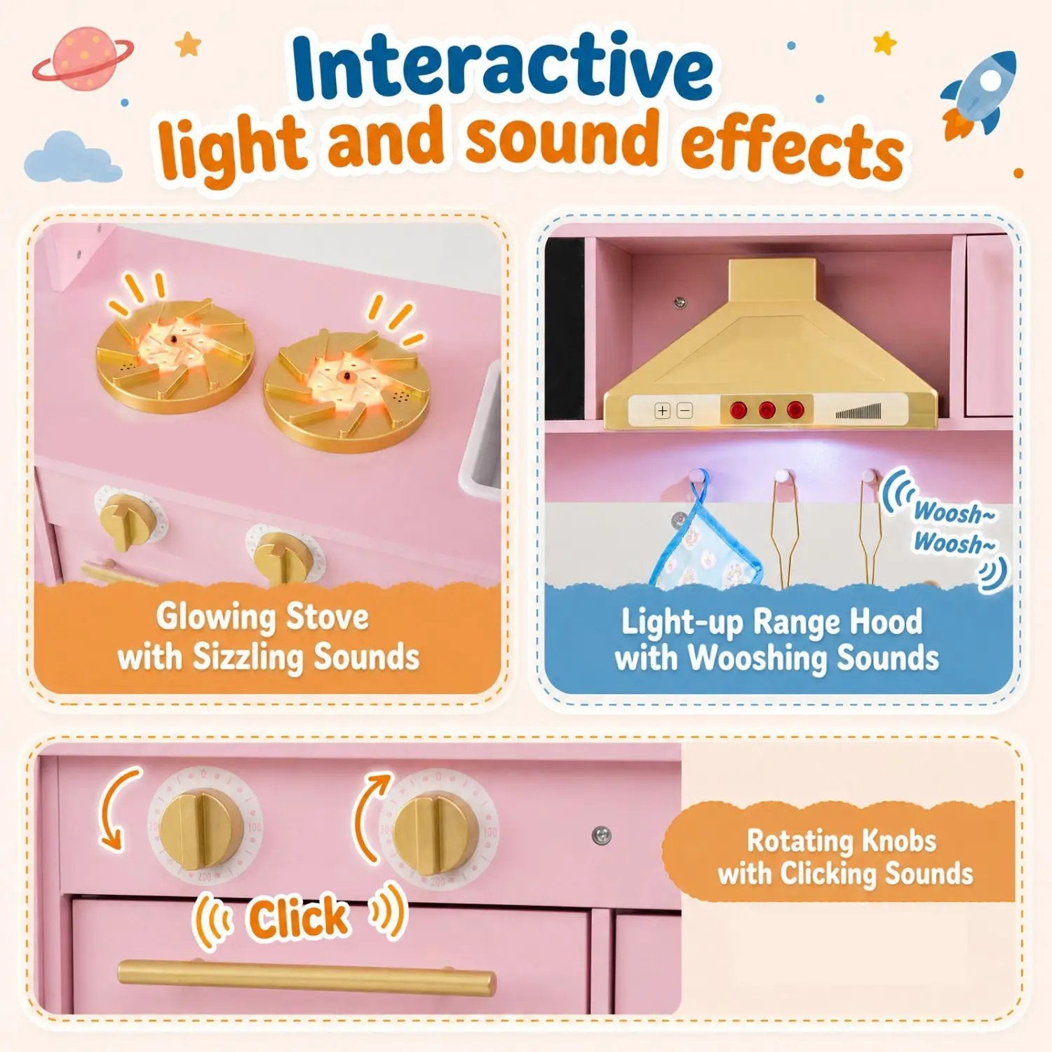 Wooden Play Kitchen with Lights & Sounds for Toddlers 3+ by DirectDeals