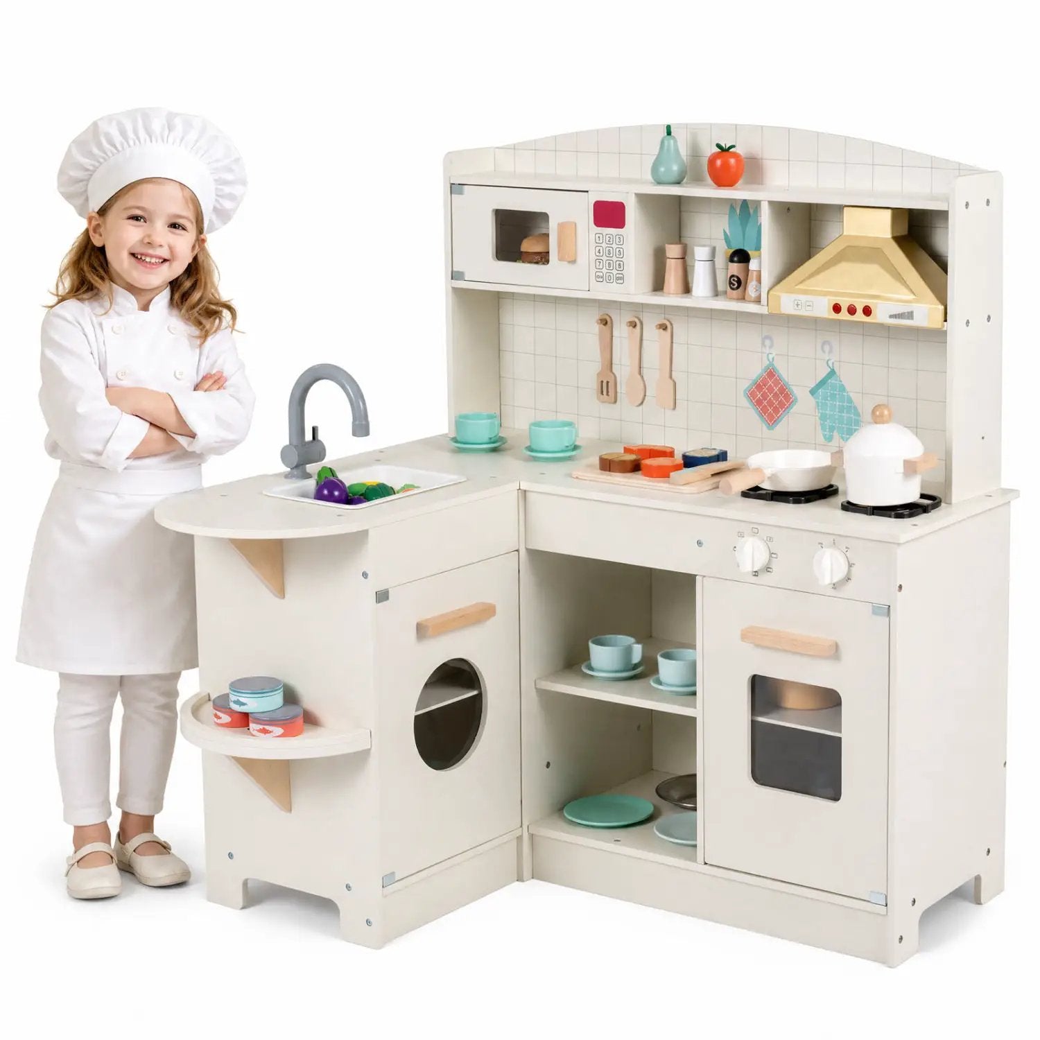 Wooden Play Kitchen Set with Lights & Sounds - White by DirectDeals