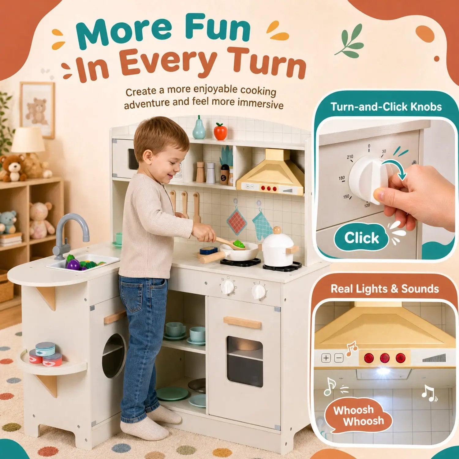 Wooden Play Kitchen Set with Lights & Sounds - White by DirectDeals