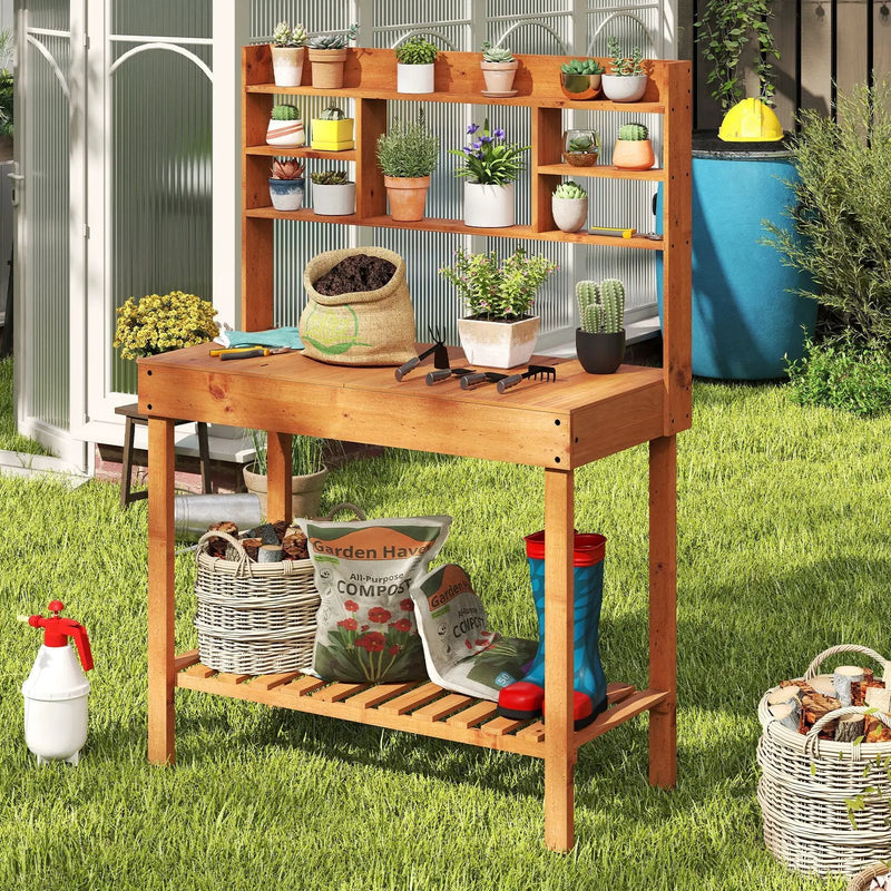 Wooden Potting Bench Table 61" Garden Planting Workstation with 3-Tier Open Shelf-Brown by DirectDeals