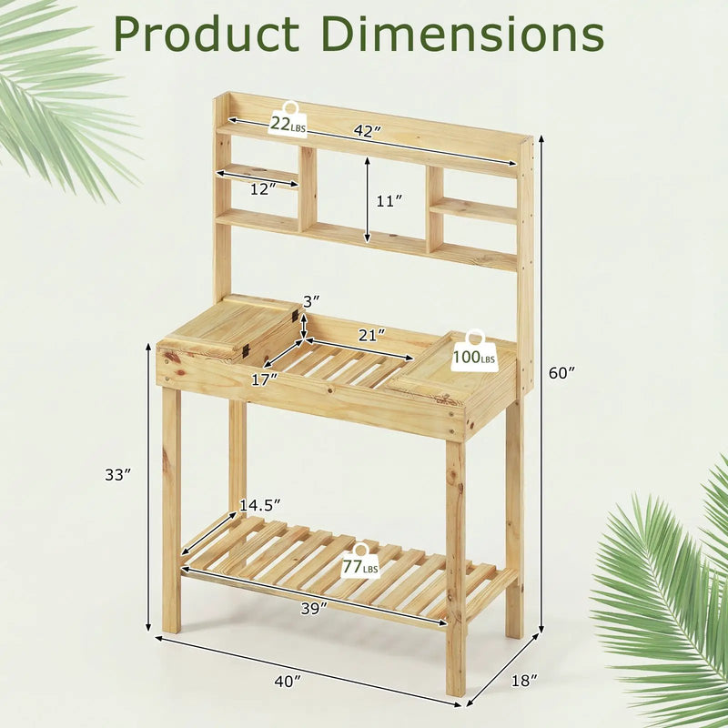 Wooden Potting Bench Table Garden Planting Workstation with 3-Tier Open Shelf by DirectDeals