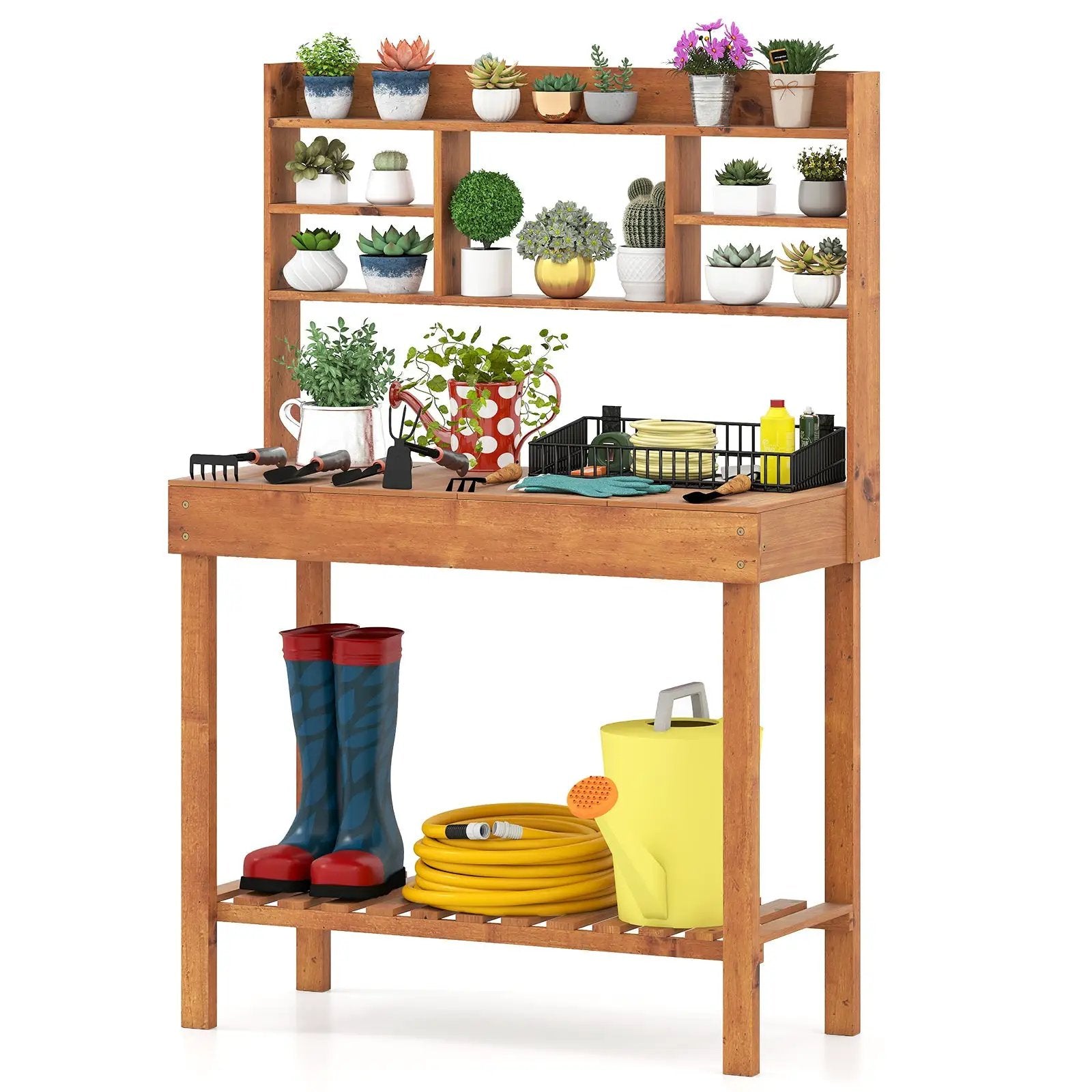 Wooden Potting Bench Table Garden Planting Workstation with 3-Tier Open Shelf by DirectDeals