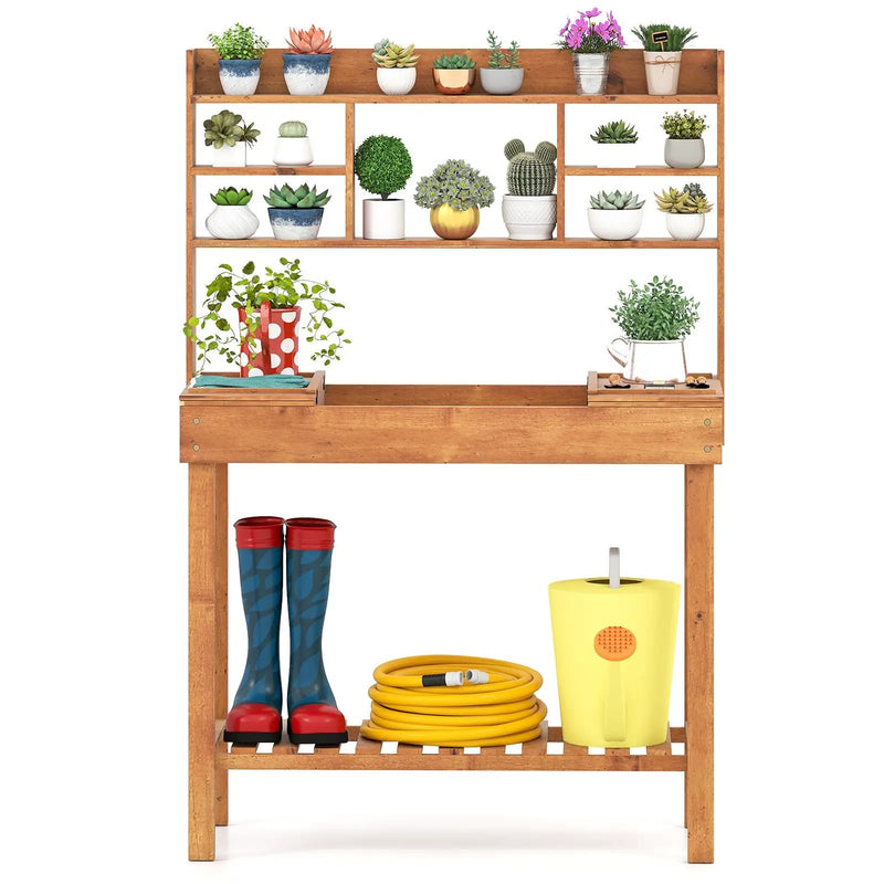 Wooden Potting Bench Table Garden Planting Workstation with 3-Tier Open Shelf by DirectDeals