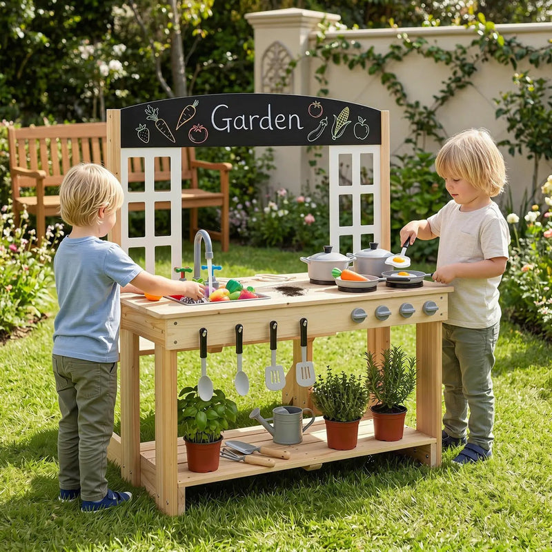 Wooden Play Kitchen with Bench and Cooking Accessories by DirectDeals