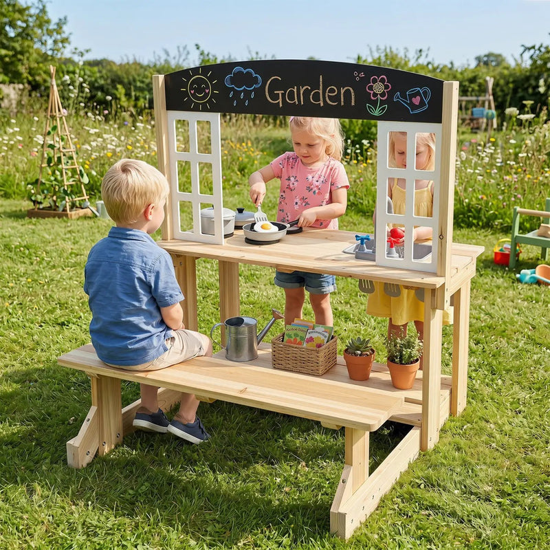 Wooden Play Kitchen with Bench and Cooking Accessories by DirectDeals