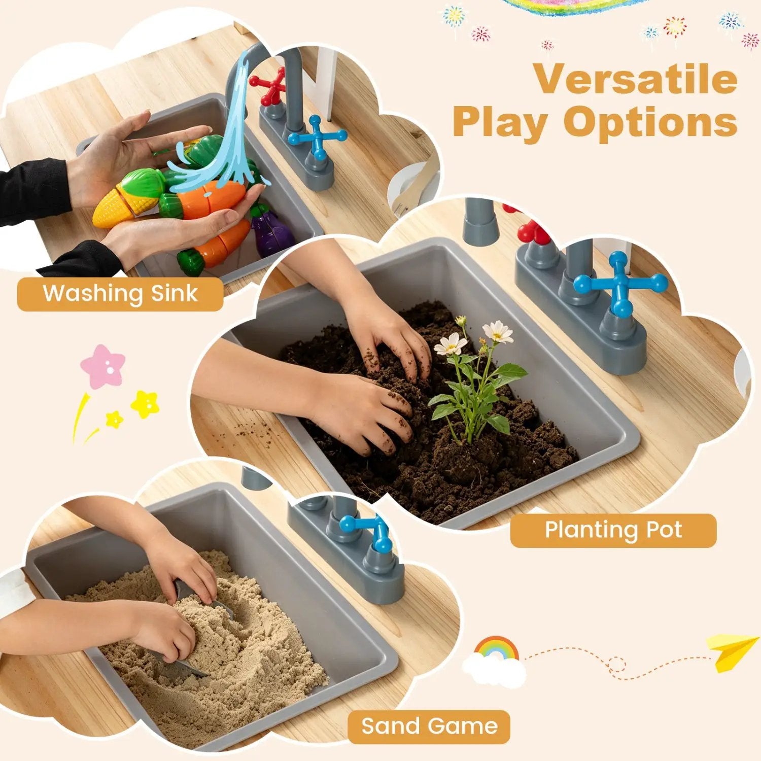 Wooden Play Kitchen with Bench and Cooking Accessories by DirectDeals
