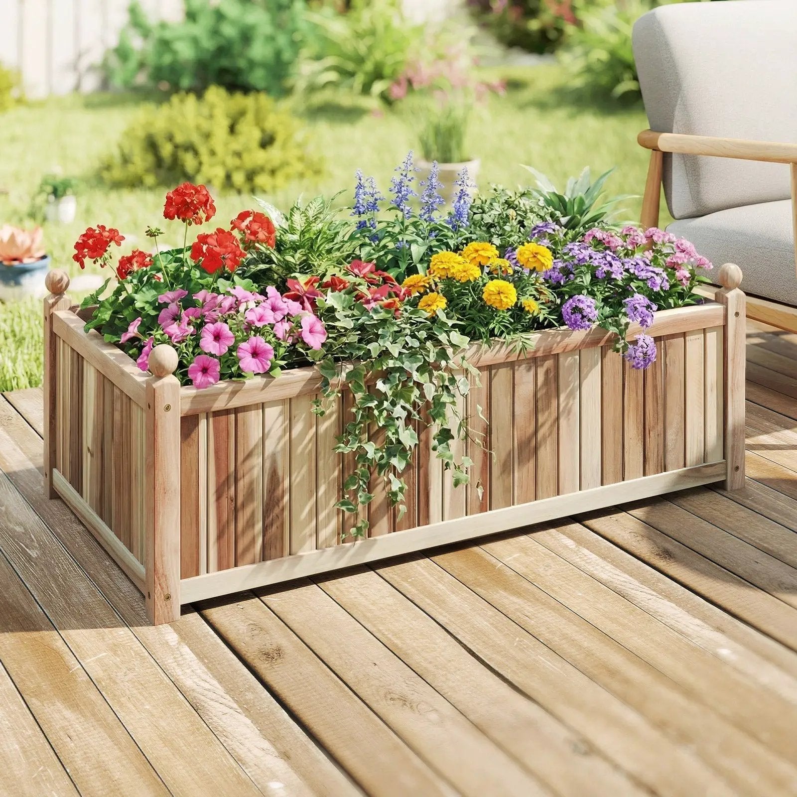 Wooden Raised Garden Bed Natural Acacia Wood Rectangular Planter Box with Liner-Natural by DirectDeals