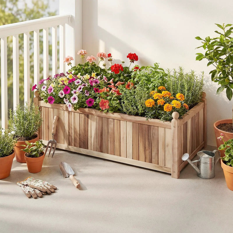 Wooden Raised Garden Bed Natural Acacia Wood Rectangular Planter Box with Liner-Natural by DirectDeals