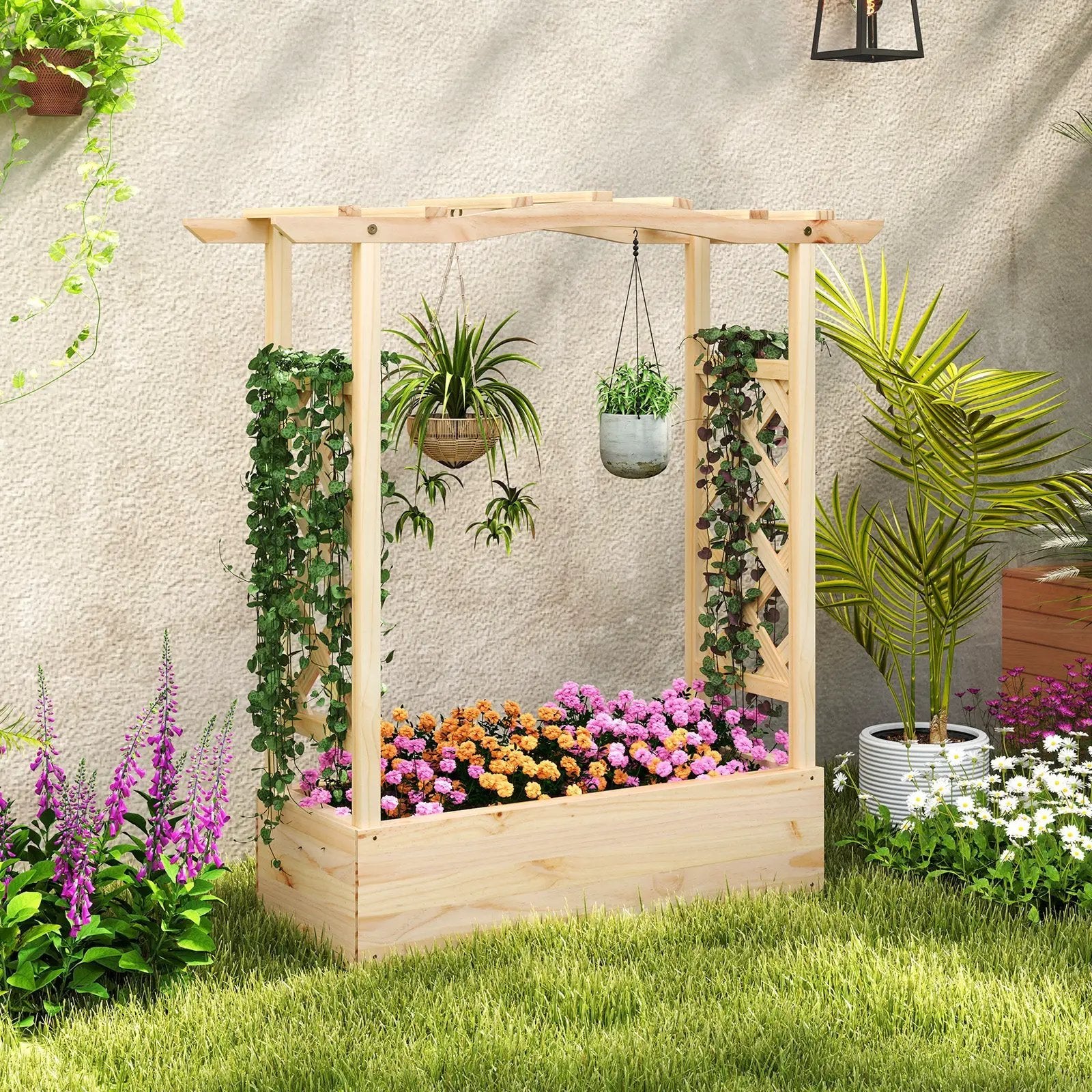 Wooden Raised Garden Bed Planter Box with Trellis and Hanging Roof by DirectDeals
