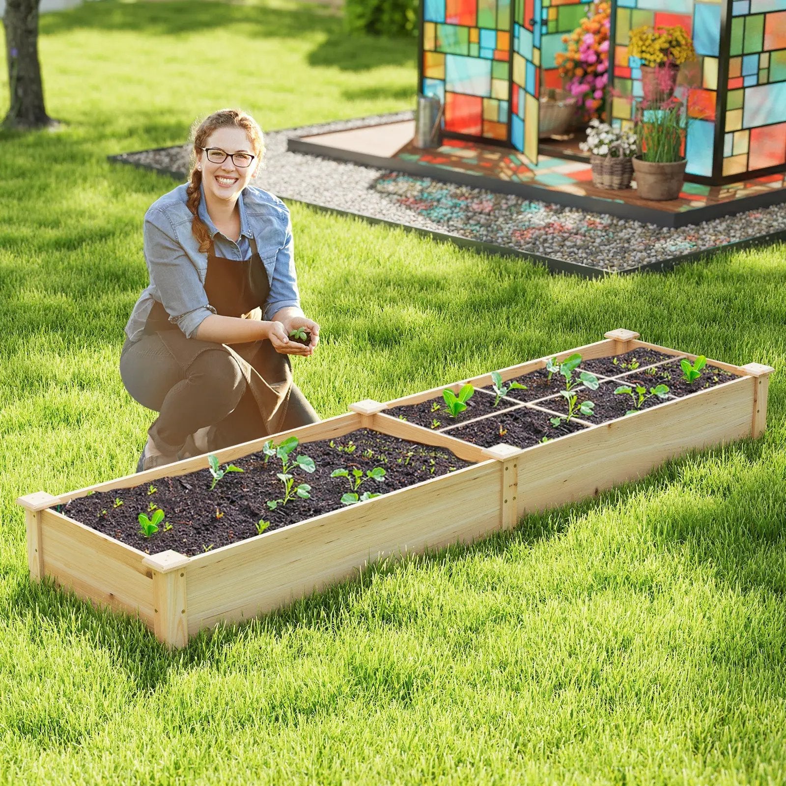 Wooden Raised Garden Bed with 2 Planter Boxes and Dividers-Natural by DirectDeals
