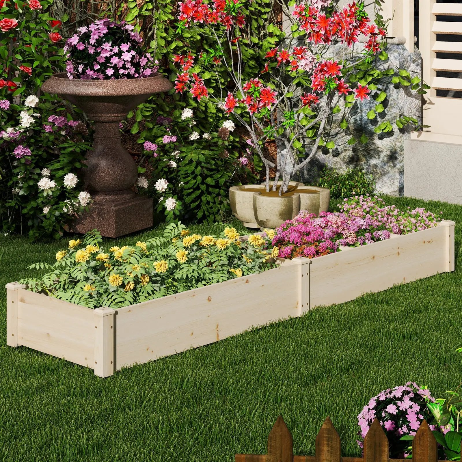 Wooden Raised Open-Ended Base Garden Bed with 2 Planter Boxes Divider-Natural by DirectDeals