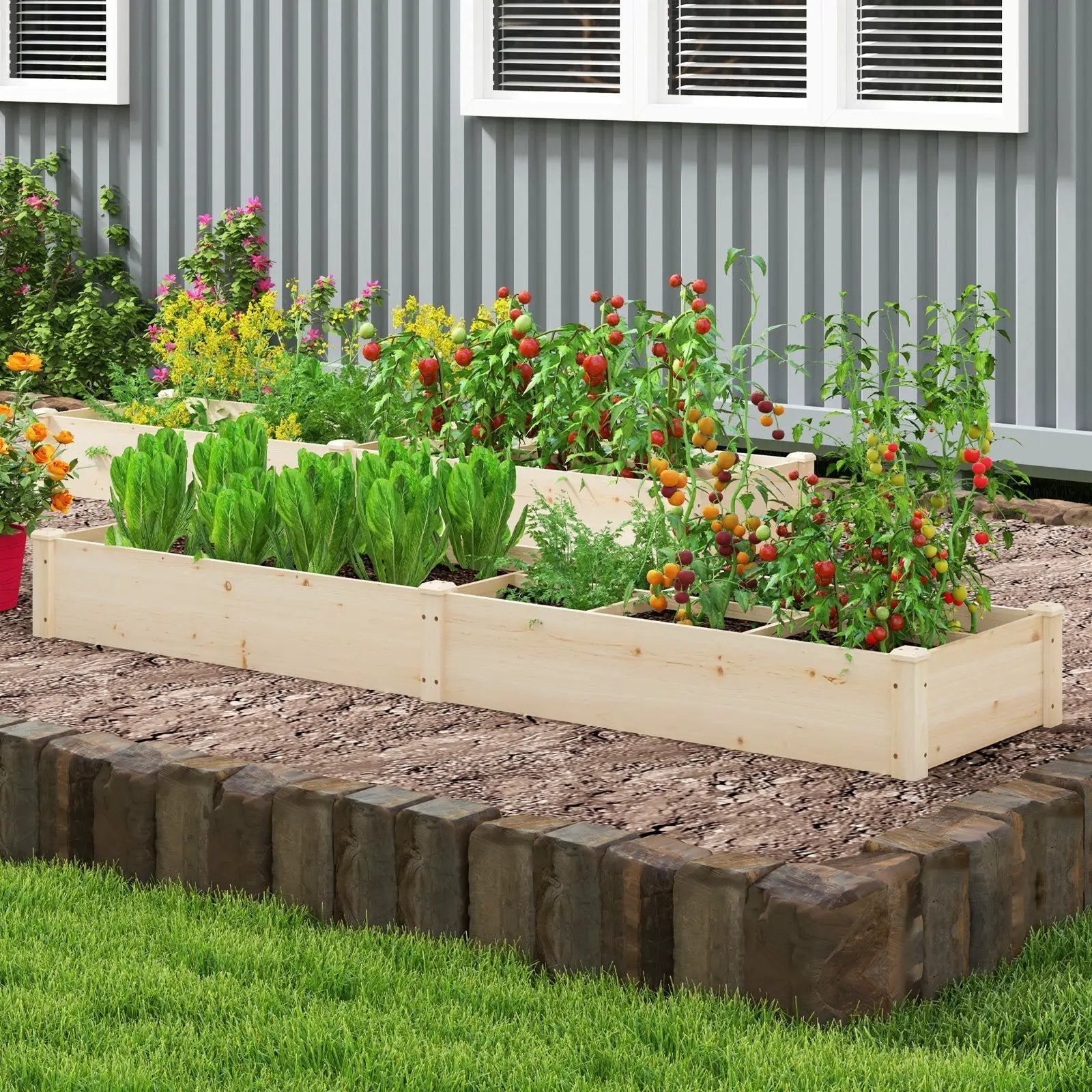 Wooden Raised Open-Ended Base Garden Bed with 2 Planter Boxes Divider-Natural by DirectDeals