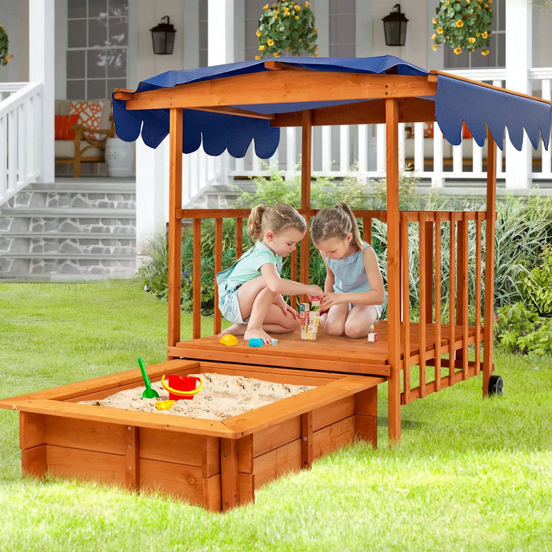 Kids Outdoor Wooden Retractable Sandbox with Cover and Built-in Wheels-Natural by DirectDeals