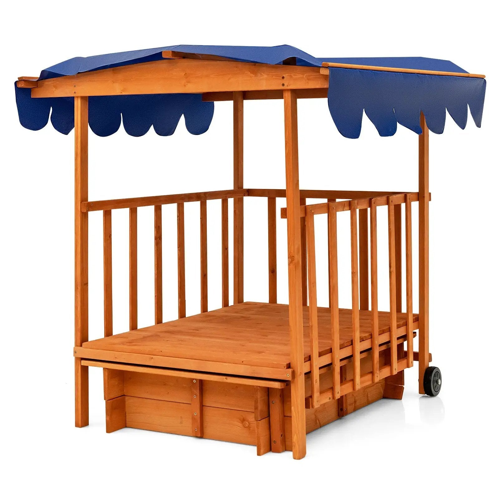 Kids Outdoor Wooden Retractable Sandbox with Cover and Built-in Wheels-Natural by DirectDeals