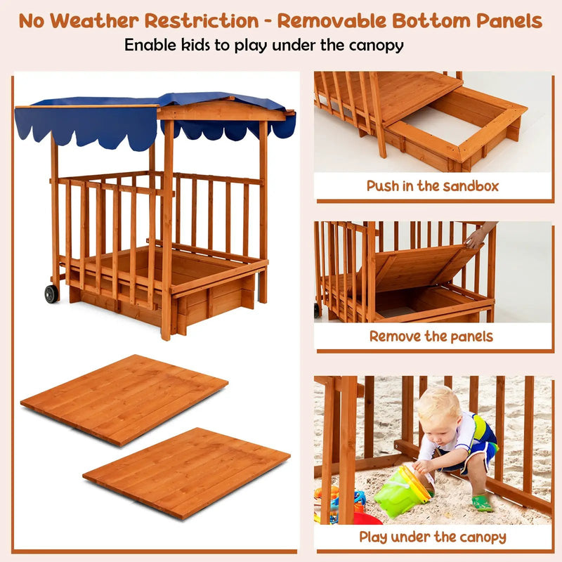 Kids Outdoor Wooden Retractable Sandbox with Cover and Built-in Wheels-Natural by DirectDeals
