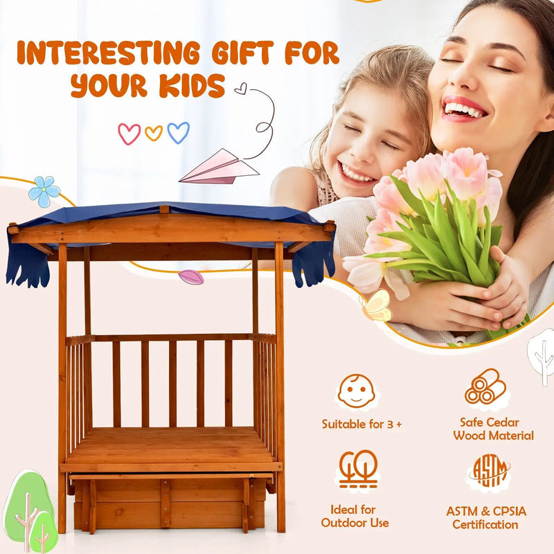 Kids Outdoor Wooden Retractable Sandbox with Cover and Built-in Wheels-Natural by DirectDeals