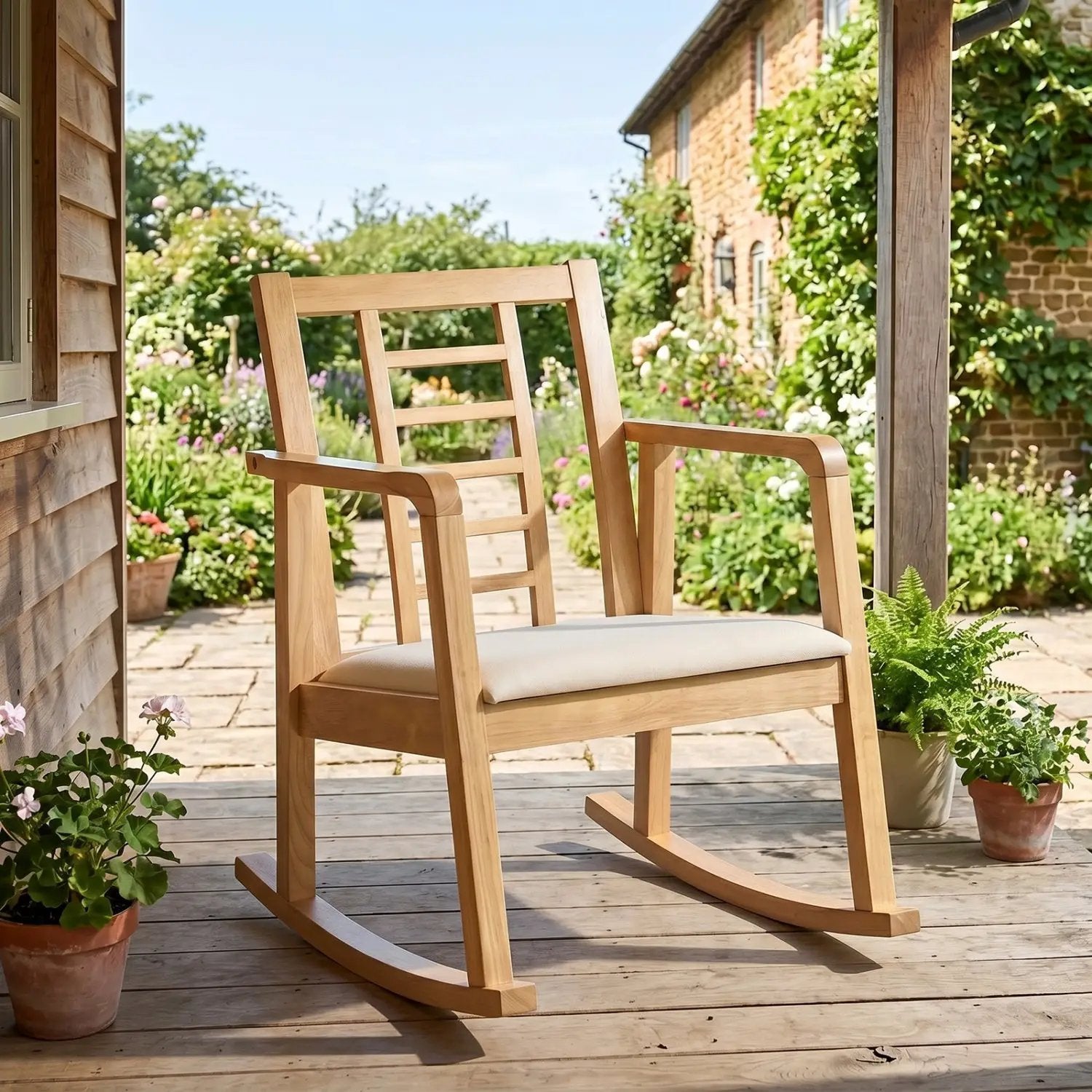 Wooden Rocking Chair with Upholstered Seat and Ladder Back by DirectDeals