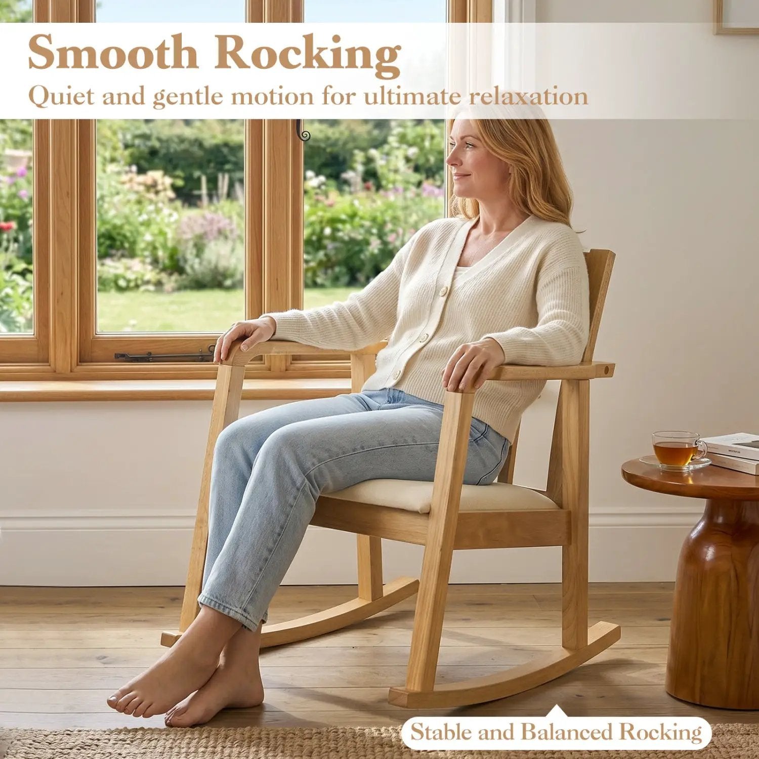 Wooden Rocking Chair with Upholstered Seat and Ladder Back by DirectDeals