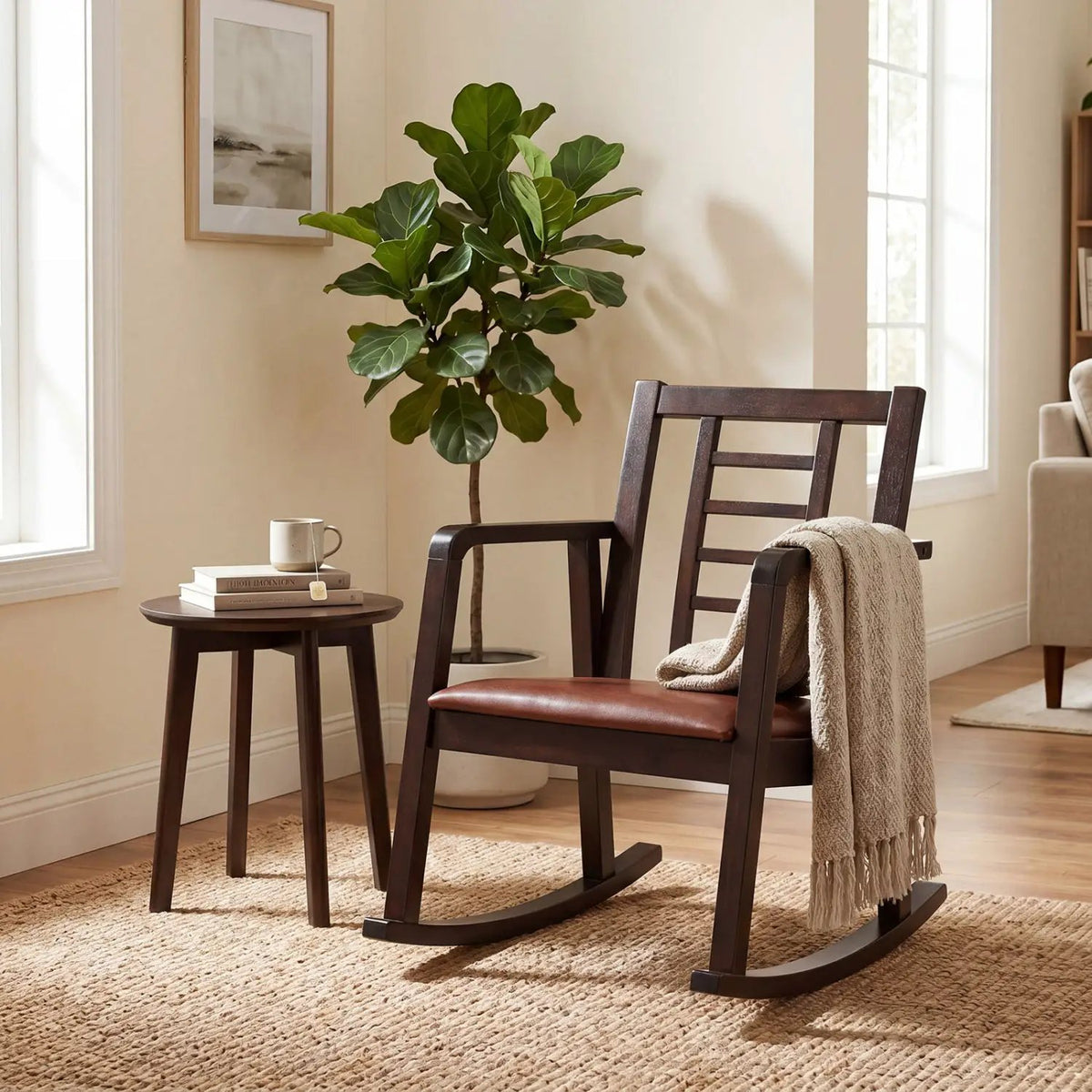 Wooden Rocking Chair with Upholstered Seat and Ladder Back, photo 2 of 16
