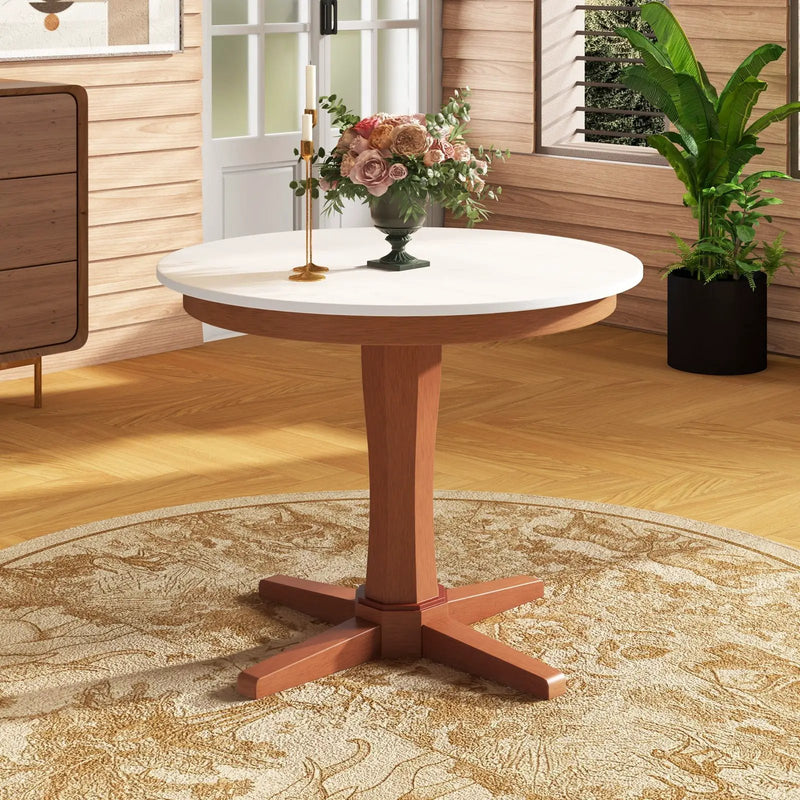 35 Inches Wooden Round Dining Table with Pedestal Base-White by DirectDeals