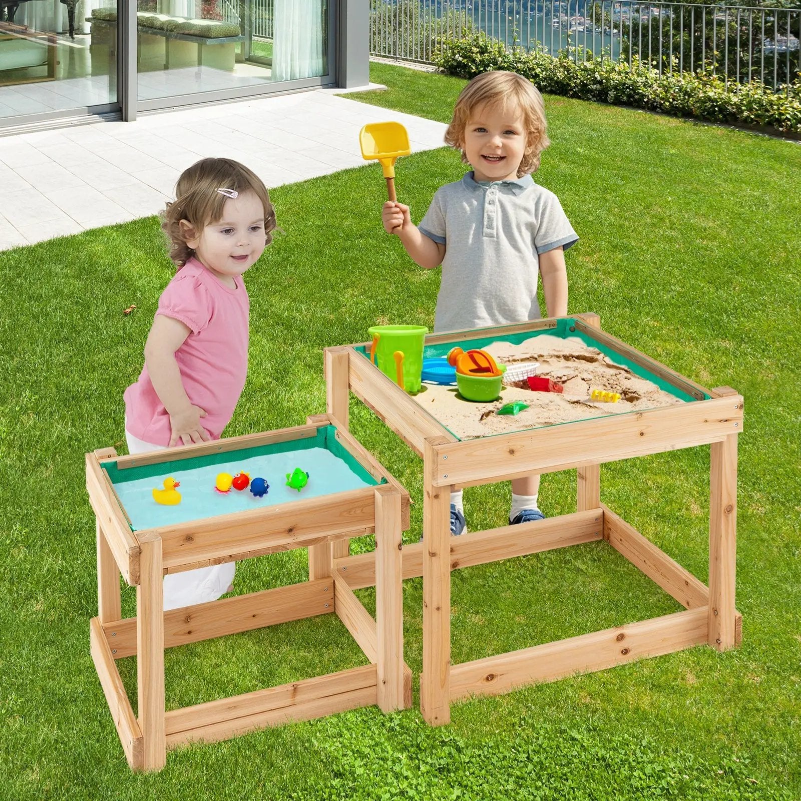 Wooden Sand and Water Tables with Protective Cover for Kids-Natural by DirectDeals