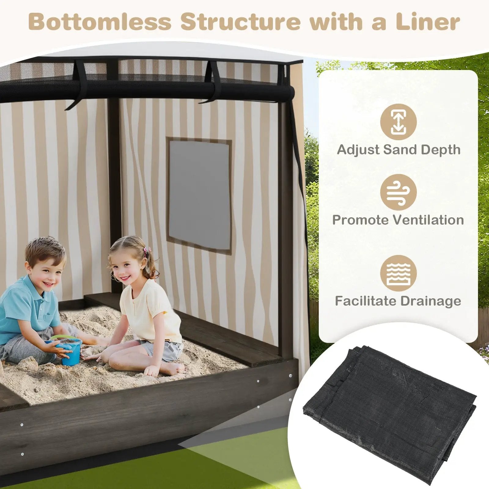 Wooden Sandbox with Canopy for Children 3+ Years Old-Brown by DirectDeals