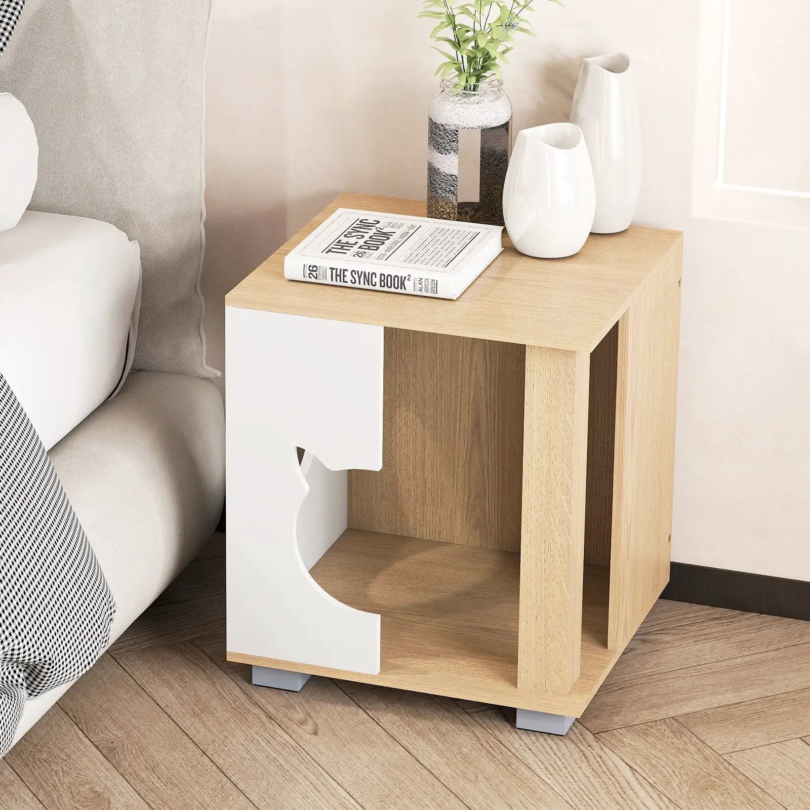 Wooden Semi-enclosed Cat Condo with Kitty Head-shaped Entry and Metal Legs-Natural by DirectDeals