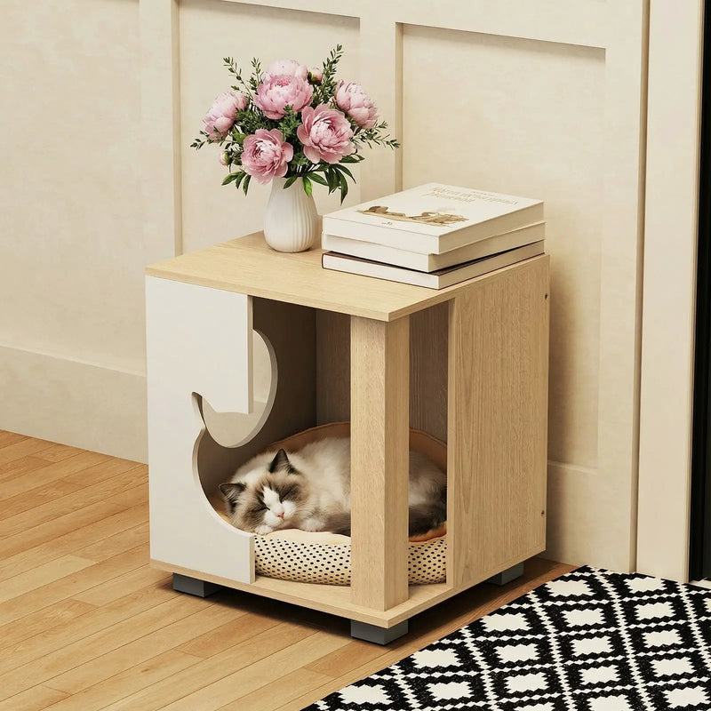 Wooden Semi-enclosed Cat Condo with Kitty Head-shaped Entry and Metal Legs-Natural by DirectDeals