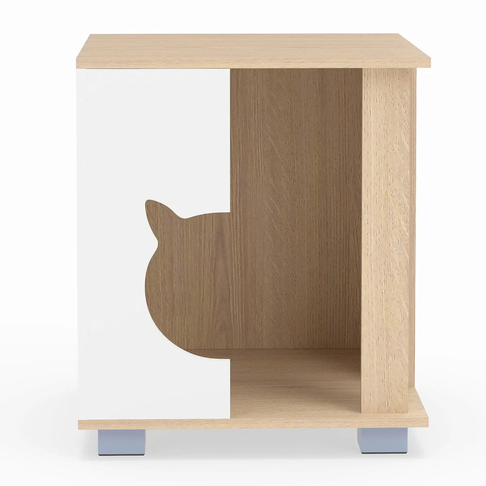 Wooden Semi-enclosed Cat Condo with Kitty Head-shaped Entry and Metal Legs-Natural by DirectDeals