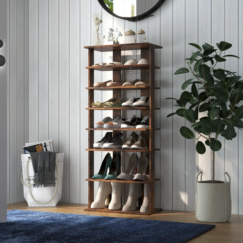 7-Tier Dual Shoe Rack Free Standing Shelves Storage Shelves Concise-Black by DirectDeals