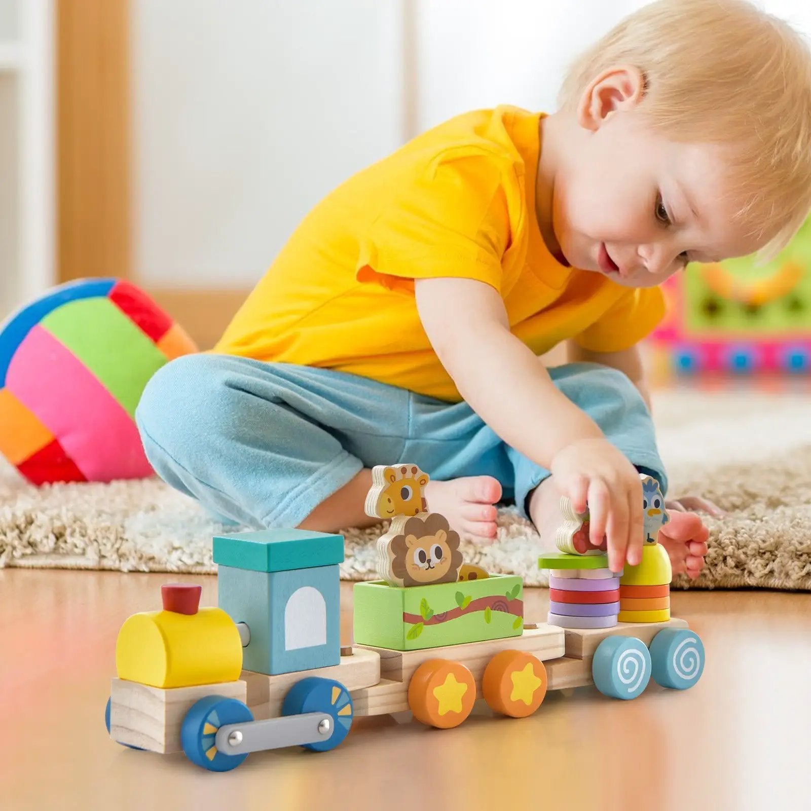 Wooden Stackable Educational Train Set with Colorful Animal Toys and Retractable Locomotive by DirectDeals