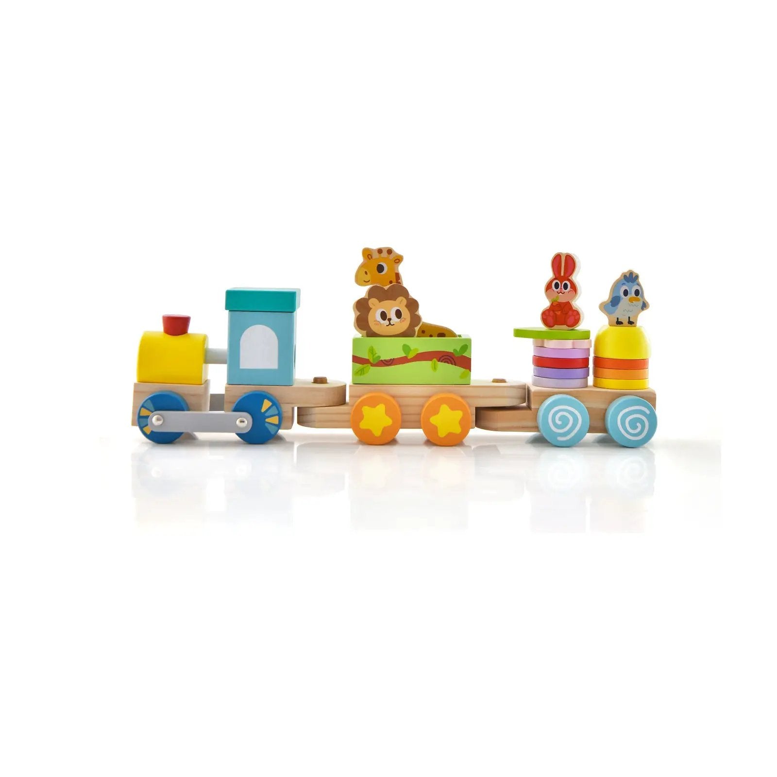 Wooden Stackable Educational Train Set with Colorful Animal Toys and Retractable Locomotive by DirectDeals
