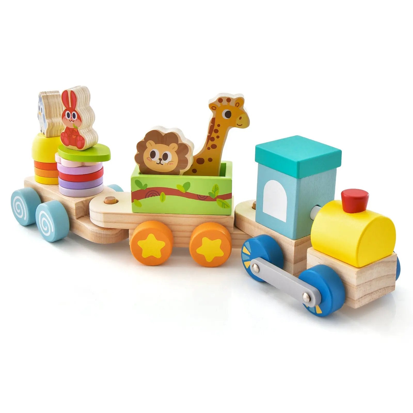 Wooden Stackable Educational Train Set with Colorful Animal Toys and Retractable Locomotive by DirectDeals