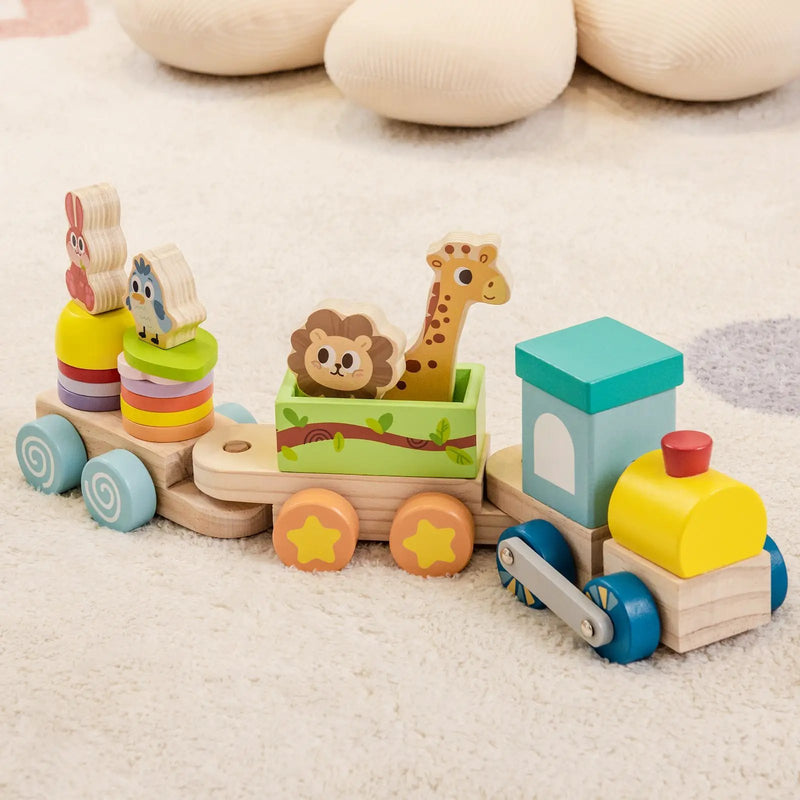 Wooden Stackable Educational Train Set with Colorful Animal Toys and Retractable Locomotive by DirectDeals