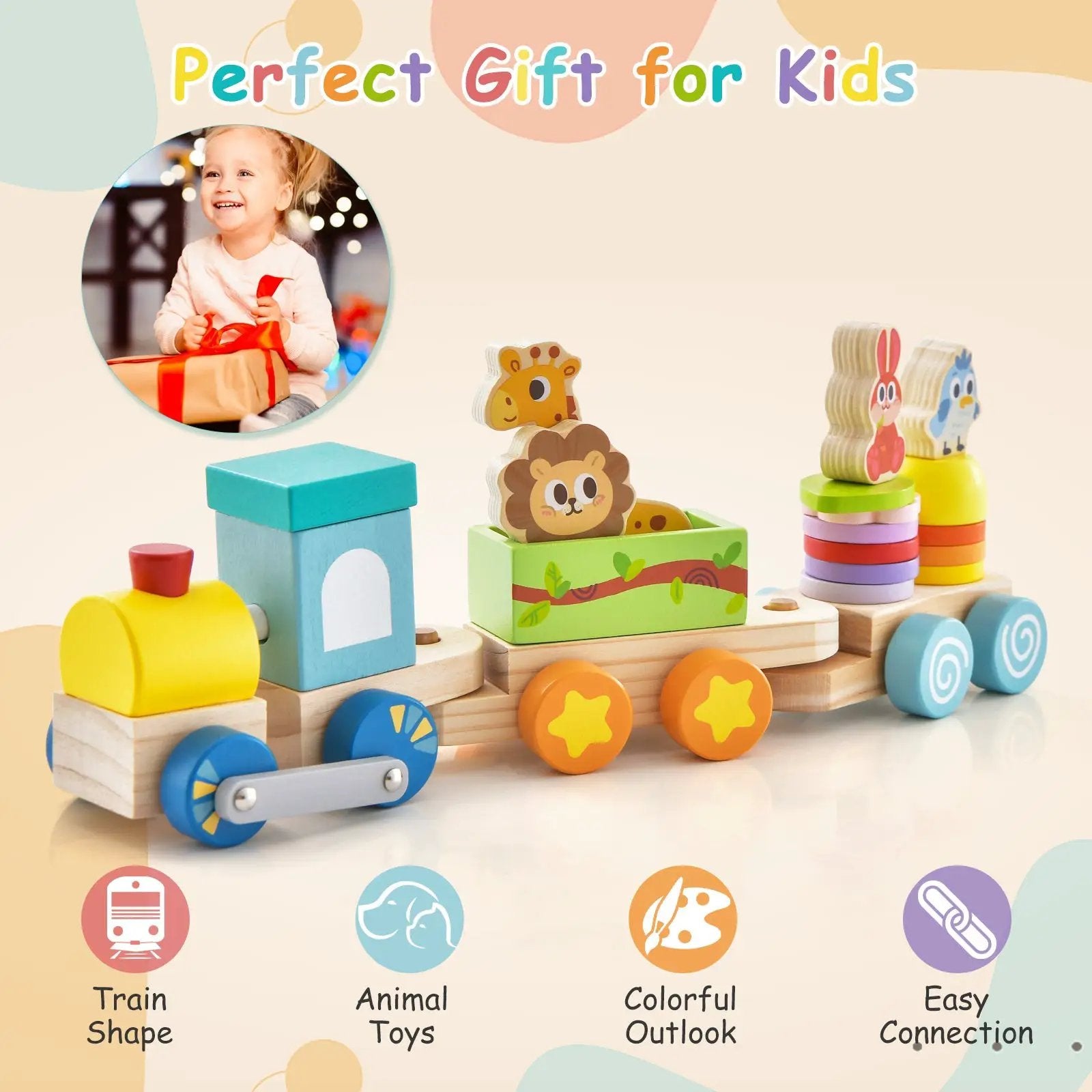 Wooden Stackable Educational Train Set with Colorful Animal Toys and Retractable Locomotive by DirectDeals