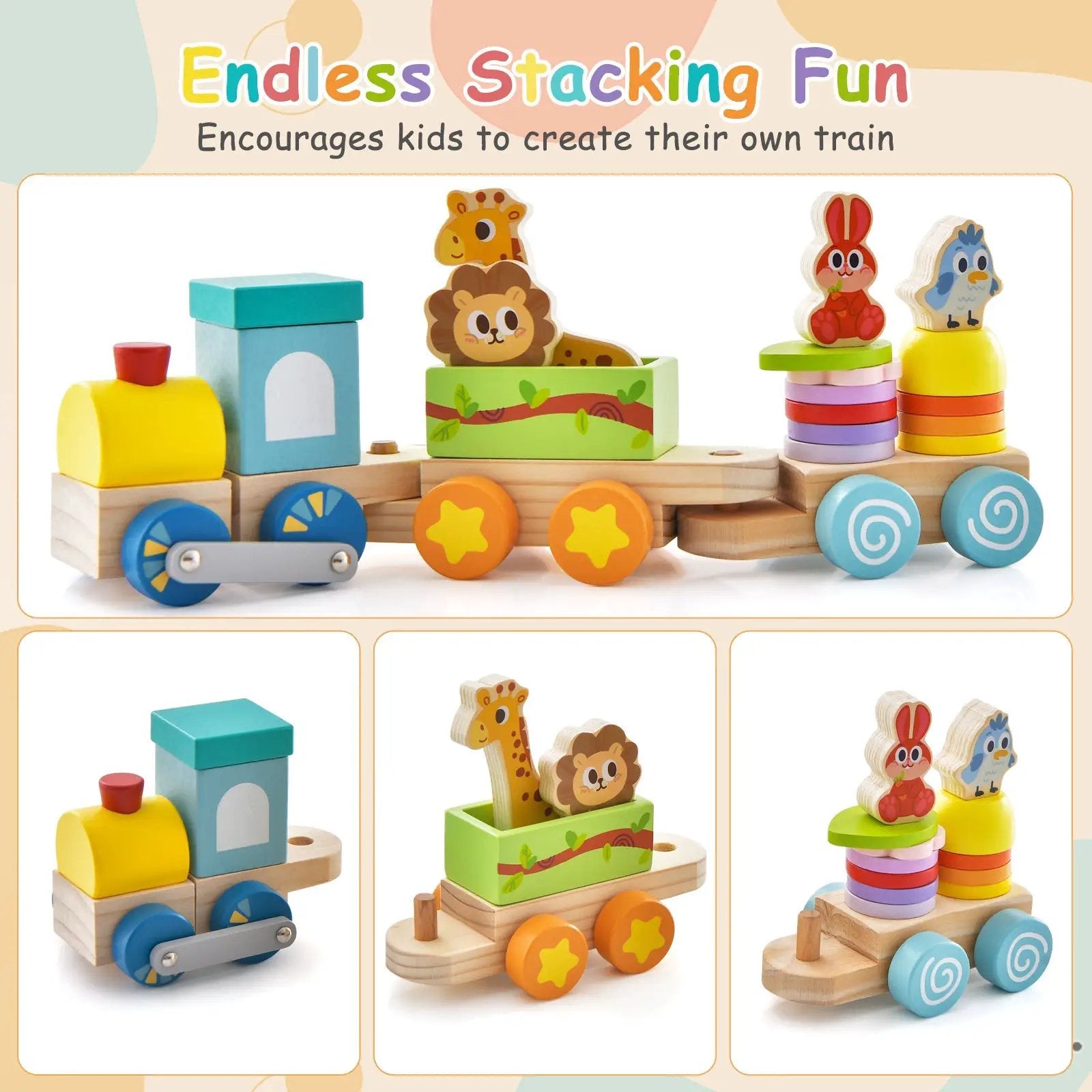 Wooden Stackable Educational Train Set with Colorful Animal Toys and Retractable Locomotive by DirectDeals